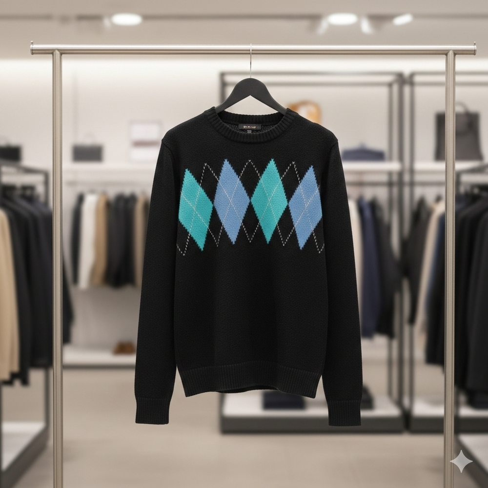 New York & Company Black Sweater with Blue and Green Argyle